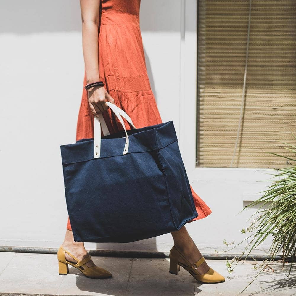 Box Tote Bag Canvas and Leather