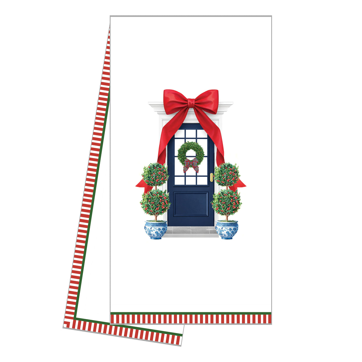 WH Hostess Christmas Bow Front Door cotton tea towel